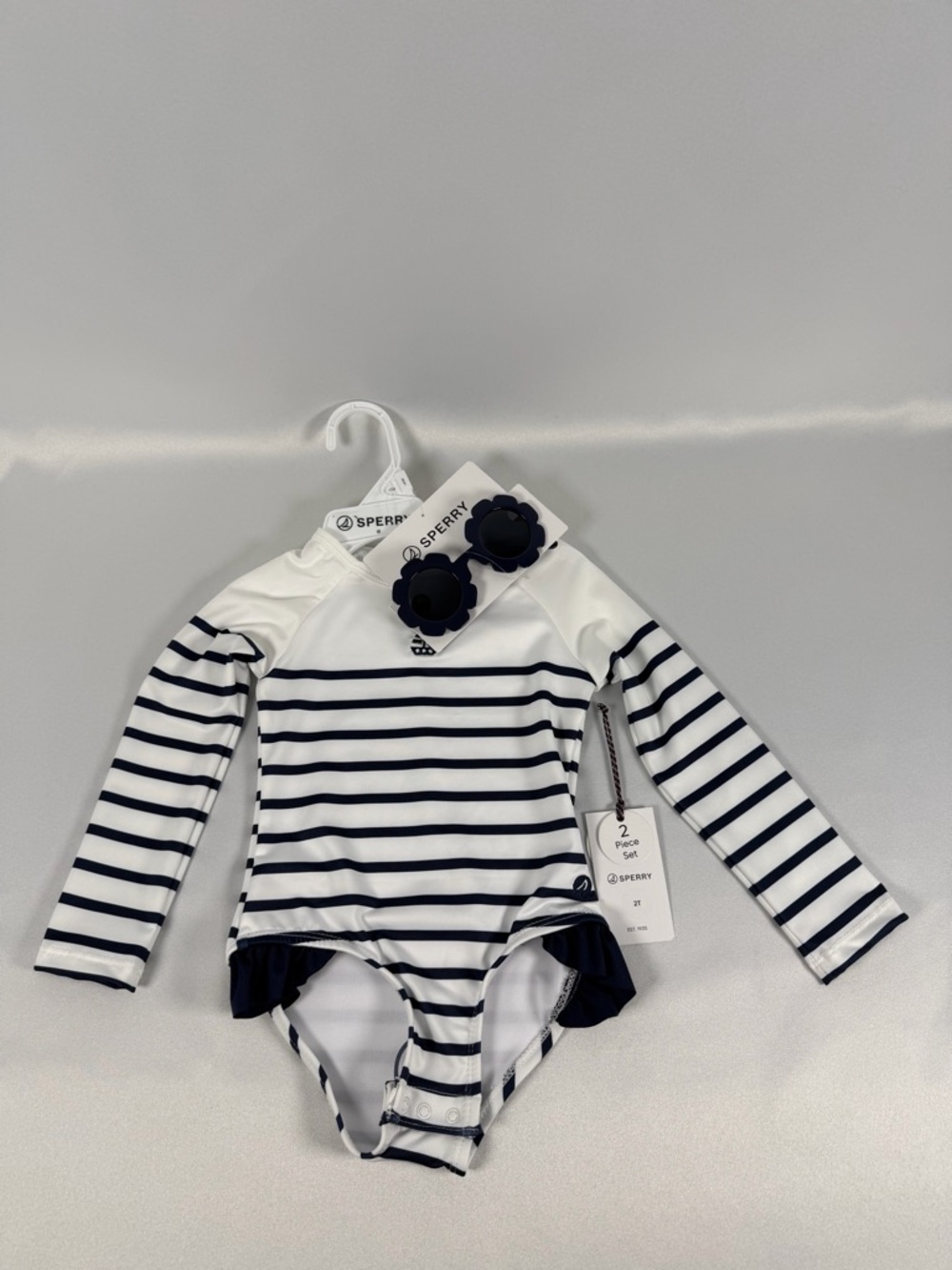 Sperry Navy and White Striped Girls' Long-Sleeve Swimsuit